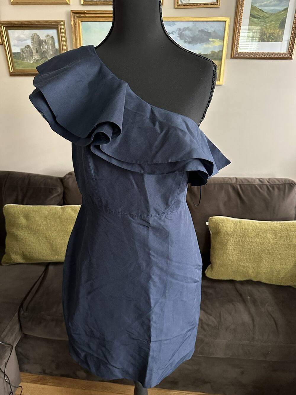 J.Crew Silk Cotton Blend Navy Ruffle One Shoulder Dress Size 4P Wedding Cocktail